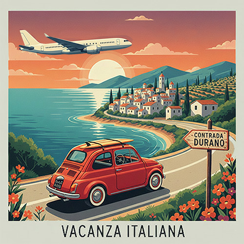 Car Vacanza Italiana Route Fiat 500. vliegtuig